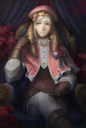  1boy beret brown_gloves chair closed_mouth commentary crossed_legs curly_hair english_commentary fire_emblem fire_emblem_fates flower forrest_(fire_emblem) gloves hair_ornament hairclip hat highres kazuko_(towa) looking_to_the_side male_focus on_chair pants petals pink_hat red_flower red_rose rose sitting solo white_pants 