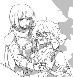  2boys anpolly bare_shoulders buttons coat commentary_request crying crying_with_eyes_open gauntlets greyscale long_hair looking_at_another low_ponytail male_focus monochrome multiple_boys open_mouth ponytail reaper_(sekaiju) reaper_1_(sekaiju) sekaiju_no_meikyuu sekaiju_no_meikyuu_5 short_hair sketch sleeveless tears teeth upper_body upper_teeth_only warlock_(sekaiju) warlock_1_(sekaiju) white_background 
