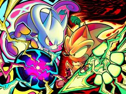  1boy 1other absurdres animal_ears animal_nose battle body_fur chaos_spear chest_fur colored_skin commentary death_battle energy_ball furry furry_male gloves head_tail hedgehog_boy highres laughingxenn mega_mewtwo_y mega_pokemon mewtwo pokemon pokemon_(creature) purple_skin red_eyes red_fur shadow_the_hedgehog sonic_(series) super_shadow two-tone_fur violet_eyes white_gloves yellow_fur 