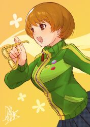  1girl badge brown_eyes brown_hair button_badge commentary_request green_jacket highres holding holding_removed_eyewear houndstooth induction_rlc jacket open_mouth persona persona_4 satonaka_chie school_uniform short_hair signature skirt smile solo tomboy track_jacket unworn_eyewear yellow-framed_eyewear 