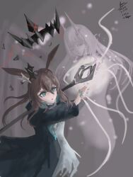  amiya_(arknights) amiya_(medic)_(arknights) animal_ears arknights blue_eyes brown_hair civilight_eterna_(arknights) demon demon_girl demon_horns highres holding holding_staff horns kyorixkuan_0 long_hair pink_eyes pink_hair rabbit rabbit_ears red_eyes staff theresa_(arknights) very_long_hair 