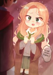  1boy 1girl @_@ black_robe black_skirt black_sweater_vest black_thighhighs blonde_hair blush brown_hair collared_shirt commentary english_commentary english_text fang genderswap genderswap_(mtf) glasses green_eyes harry_potter harry_potter_(series) highres hogwarts_school_uniform looking_at_viewer malfoid open_mouth robe school_uniform shirt skirt sweater_vest thigh-highs white_shirt wizarding_world yellow-framed_eyewear yogurtm 