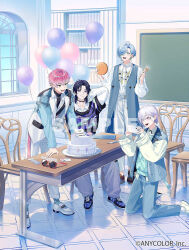  4boys :d anniversary arm_behind_head balloon black_choker black_shirt blue_coat blue_eyes blue_hair blue_jacket blue_pants blue_socks book bookshelf cake cellphone chair chalkboard choker coat collared_shirt commentary day food fork glasses green_eyes hair_over_one_eye hanakago_tsubasa holding holding_fork holding_phone indoors jacket kneeling long_sleeves looking_at_viewer male_focus medium_hair multiple_boys nijisanji notebook one_eye_covered open_mouth panties pants phone pink_hair purple_hair purple_sweater shinomiya_yuno shirose_isumi shirt shoes short_hair sitting sleeveless sleeveless_coat smartphone smile socks splare_(nijisanji) standing sumeragi_reo sweater table taking_picture turtleneck turtleneck_shirt underwear violet_eyes virtual_youtuber white_hair white_jacket white_panties white_shirt white_shoes window yuuichi_(bobobo) 
