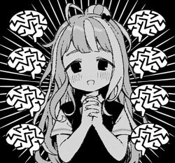  1girl ahoge artist_request bad_id bad_twitter_id blush bow brain greyscale hair_bow hair_bun long_hair looking_at_viewer monochrome multicolored_hair nyalra_(author) original own_hands_clasped own_hands_together recurring_image second-party_source shirt short_sleeves single_hair_bun smile solo straight-on streaked_hair sunburst sunburst_background sweater_vest tareme upper_body 