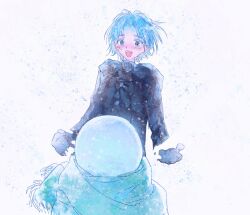  1boy 1other :d aged_down blue_eyes blue_hair blush child coat colored_eyelashes curtained_hair gloves green_scarf happy highres invisible looking_at_another male_focus mamiya_yumehisa scarf sekai_metsubou_kyouyuu_gensou_mamiya short_hair smile snow snowman solo_focus suou_keito sweater turtleneck turtleneck_sweater white_background winter_clothes winter_coat yzyzdh 