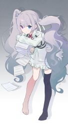  1girl 25-ji_miku absurdres black_thighhighs blue_eyes chest_harness closed_mouth collared_shirt commentary drop_shadow frilled_skirt frills gradient_background grey_background grey_hair hair_ribbon harness hatsune_miku heterochromia highres holding holding_paper hootari long_hair long_sleeves looking_at_viewer neck_ribbon no_shoes paper paper_stack pink_eyes project_sekai red_ribbon ribbon sheet_music shirt sidelocks simple_background single_bare_foot single_bare_leg single_thighhigh skirt solo thigh-highs twintails untranslatable_commentary very_long_hair vocaloid white_ribbon white_shirt white_skirt zettai_ryouiki 