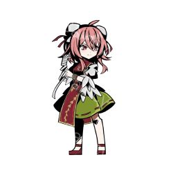  1girl ba_yun_qi bandaged_arm bandages bun_cover chain chinese_commentary closed_mouth commentary_request cuffs double_bun flower full_body green_skirt hair_bun ibaraki_kasen limbus_company parody pink_eyes pink_flower pink_hair pink_rose project_moon red_eyes rose shackles shoes short_hair short_sleeves simple_background skirt smile solo standing style_parody tabard touhou white_background 