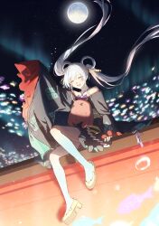  1girl absurdres black_kimono cho_kaguya-hime! commentary_request disco_ball genkounikki01 hair_ornament hair_rings hair_stick highres japanese_clothes kimono long_hair off_shoulder open_mouth runami_yachiyo runami_yachiyo_(tsukuyomi) side_ponytail sitting sky solo star_(sky) starry_sky twintails white_hair 