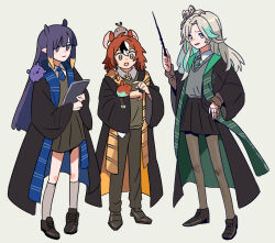  3girls animal_ears blue_eyes blunt_bangs cecilia_immergreen doll_joints fongban_illust green_eyes green_hair grey_hair hakos_baelz harry_potter_(series) highres hololive hololive_english joints long_hair mouse_ears mouse_girl mr._squeaks_(hakos_baelz) multicolored_hair multiple_girls ninomae_ina'nis orange_hair pointy_ears purple_hair red_hair short_hair streaked_hair tail takodachi_(ninomae_ina'nis) tentacle_hair virtual_youtuber wand winding_key wizarding_world 