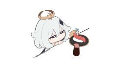  1girl blue_eyes chibi chopsticks closed_mouth commentary_request crown floating food fringe_trim genshin_impact hair_ornament highres holding looking_at_viewer paimon_(genshin_impact) paimon_genshin7 plate simple_background solo sushi upper_body white_background white_hair 