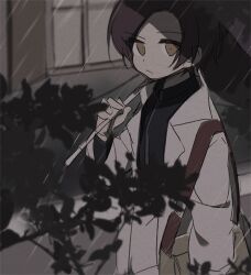  1boy anpolly bag closed_mouth coat commentary_request hand_up lapels looking_at_viewer male_focus medic_(sekaiju_4) medic_3_(sekaiju_4) open_clothes open_coat outdoors parted_bangs rain sekaiju_no_meikyuu sekaiju_no_meikyuu_4 shoulder_bag solo upper_body white_coat window yellow_bag yellow_eyes 