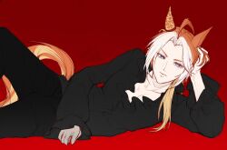  1girl ahoge animal_ears black_pants black_shirt blue_eyes bow colored_bangs curtained_hair ear_bow ear_covers ear_ornament highres horse_ears horse_girl horse_tail long_hair long_sleeves looking_at_viewer lying multicolored_hair on_side orange_hair orfevre_(umamusume) pants roxzeykun shirt single_ear_cover tail two-tone_hair umamusume white_hair 