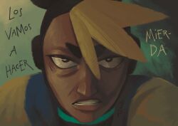  1boy absurdres alud angry artist_name black_hair blonde_hair cal_(electro_andes) commentary electro_andes highres multicolored_hair profanity shirt signature solo spanish_text two-tone_hair 