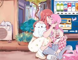  2girls absurdres affectionate artist_name bang_dream! bang_dream!_it's_mygo!!!!! block_heels blue_pants blush brown_shoes bush cat chihaya_anon closed_eyes closed_mouth commentary couple crop_top day denim drink_carton english_commentary facing_to_the_side faerieko frilled_shirt_collar frills hand_on_another's_cheek hand_on_another's_face highres holding holding_drink_carton holding_juice_box indian_style jeans juice_box kiss long_hair midriff multiple_girls nagasaki_soyo navel off-shoulder_shirt off_shoulder outdoors pants pink_hair pink_shirt plaid_clothes plaid_skirt power_lines print_skirt red_hair shirt shirt_partially_removed shoes short_sleeves sitting skirt sleeping_animal sneakers socks squatting tank_top torn_clothes torn_pants tree turning_head urban utility_pole vending_machine white_cat white_shirt white_shoes white_socks white_tank_top yellow_skirt yuri 