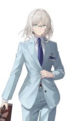  1girl an-94_(antje)_(girls'_frontline) an-94_(girls'_frontline) blue_eyes blue_necktie blue_pants blue_suit box closed_mouth commentary_request cowboy_shot girls_frontline glasses grey_hair highres holding holding_box id_card milk_tea_(freesky1031) necktie pants shirt short_hair simple_background solo straight-on suit suit_pants suitcase white_background white_shirt 