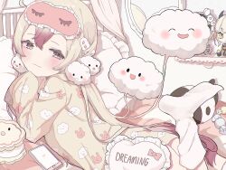  1girl animal_print bed blush candy cellphone closed_mouth cloud_hair_ornament commentary_request fav_(mahoiku) food grey_eyes grey_hair hair_ornament highres la_pucelle_(mahoiku) long_hair looking_at_viewer lying magical_girl mahou_shoujo_ikusei_keikaku mahou_shoujo_ikusei_keikaku_unmarked multicolored_hair nemurin on_stomach pajamas phone pillow purple_hair rabbit_print shamomo sleep_mask smartphone smile smug snow_white_(mahoiku) socks stuffed_toy very_long_hair white_socks yellow_eyes 