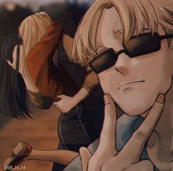  1boy 2girls black_hair black_skirt blonde_hair blurry blurry_background brother_and_sister brown_sweater chromatic_aberration closed_mouth commentary_request dated depth_of_field erica_(hoshizora_no_shita) fingernails foot_up_heel_up himedanshi hoshizora_no_shita kana_(hoshizora_no_shita) kiss leg_up long_hair long_sleeves multiple_girls original red_sweater selfie short_hair siblings skirt straight_hair sunglasses sweater very_short_hair w yuri 