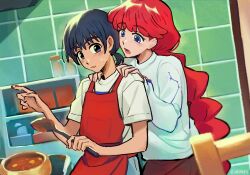  2girls apron black_eyes black_hair blue_eyes blush braid commentary constellation_print cooking cowboy_shot crew_neck dutch_angle front-to-back hands_on_another's_shoulders holding holding_spoon indoors kei_(hasukeii) long_hair multiple_girls open_mouth parted_lips print_sweater red_apron red_hair sayonara_lara shelf shirt short_hair single_braid slice_of_life spoon stew sweat sweater t-shirt tile_floor tiles very_long_hair white_shirt white_sweater yuri 
