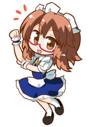 1girl :d alternate_costume apron arm_up black_shoes blue_dress brooch brown_eyes brown_hair collared_shirt commentary_request deformed dress enmaided frilled_dress frilled_wrist_cuffs frills glasses hair_tie highres jewelry kajiya_no_masa long_hair looking_at_viewer maid maid_headdress no_nose notice_lines one-hour_drawing_challenge open_mouth puffy_short_sleeves puffy_sleeves red-framed_eyewear semi-rimless_eyewear shirt shoes short_sleeves simple_background smile socks solo standing standing_on_one_leg touhou under-rim_eyewear usami_sumireko waist_apron white_apron white_background white_shirt white_socks wrist_cuffs 