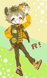  1boy birthday_jacket_(twisted_wonderland) blonde_hair commentary_request deformed doughnut food full_body green_background grin hand_in_pocket holding holding_donut holding_food hyena_boy hyena_ears hyena_tail jacket ki_toji letterman_jacket looking_at_viewer male_focus plaid_clothes plaid_vest ruggie_bucchi short_hair smile solo twisted_wonderland vest yellow_background yellow_eyes yellow_jacket yellow_vest 