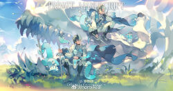  2boys armor bird black_hair blue_hair boots cape chinese_commentary clouds commentary_request day dragon flower grass hair_between_eyes highres holding holding_weapon long_sleeves male_focus meadow multiple_boys nomi_tongxue original outdoors pants short_hair sitting sky smile sword watermark weapon weibo_watermark 