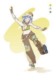  1girl absurdres animal_on_head aqua-tinted_eyewear arm_warmers baggy_pants baichuan00088 bare_shoulders beaver belt belt_buckle blue_hair brown_gloves brown_pants buckle checkered_clothes checkered_tube_top chinese_commentary closed_eyes colored_extremities commentary_request crossed_belts dangle_earrings earrings floral_print full_body gloves goggles goggles_around_neck green-framed_eyewear green_belt green_shoes green_tube_top hair_ornament hairclip happy hat head_tilt heart highres infinity_nikki jewelry kicking layered_pants medium_hair midriff multicolored_shoes navel nikki_(series) on_head open_mouth outline outstretched_arms outstretched_leg pants pocket print_arm_warmers purple-tinted_eyewear riverside_sunshine_(infinity_nikki) shadow shoes smile sneakers solo sphere_earrings standing sticker strapless teeth tinted_eyewear tube_top two-tone-tinted_eyewear two-tone_shoes two_side_up upper_teeth_only white_background white_hat white_outline white_shoes yellow_arm_warmers 