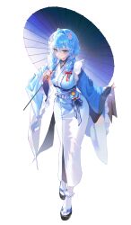  1girl absurdres arahashi_tabi black_choker black_sandals blue_eyes blue_hair blue_kimono blue_sash bow bowtie braid breasts butterfly_hair_ornament choker closed_mouth commentary_request domi_(hongsung0819) frilled_kimono frills full_body hair_bow hair_ornament highres holding holding_umbrella japanese_clothes kimono korean_commentary large_breasts long_hair long_sleeves low_twin_braids obi oil-paper_umbrella rabbit_hair_ornament red_bow red_bowtie sandals sash simple_background socks solo stellive tabi twin_braids umbrella virtual_youtuber white_background white_socks wide_sleeves 