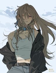  1girl absurdres bddd777 belt black_belt black_jacket blue_ribbon breasts commentary dated earrings floating_hair hair_between_eyes hair_ribbon highres jacket jewelry long_hair medium_breasts midriff navel one_eye_closed open_clothes open_jacket open_mouth ribbon sendai_hazuki shuuniichido_classmate_wo_kau_hanashi solo tank_top untranslatable_commentary violet_eyes white_tank_top 