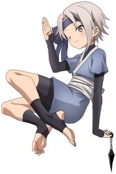 1girl ;) arm_up black_socks blue_headband blue_kimono brown_eyes closed_mouth full_body grey_hair headband highres higiri_(kunoichi_tsubaki_no_mune_no_uchi) japanese_clothes kimono kunai kunoichi_tsubaki_no_mune_no_uchi no_shoes obi one_eye_closed riokasen sash short_sleeves simple_background smile socks solo stirrup_legwear toeless_legwear weapon white_background 