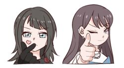  2girls ;) bang_dream! bang_dream!_it's_mygo!!!!! black_gloves black_hair blue_eyes brown_hair closed_mouth commentary_request cropped_torso earrings gloves heart jewelry korean_commentary long_hair looking_at_viewer mole mole_under_eye multiple_girls one_eye_closed pointing pointing_at_viewer saiaku_dan shiina_taki simple_background smile white_background yahata_umiri 