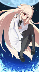  1girl absurdres antenna_hair arcueid_brunestud black_bow black_shoes blonde_hair blue_flower blue_petals blush bow buttons commentary_request detached_sleeves dress eco-arc falling_petals field floating_clothes floating_hair flower flower_field frilled_dress frilled_sleeves frills full_moon grey_pantyhose hair_between_eyes highres hugging_own_legs knees_up long_hair looking_at_viewer midair moon night okitananami pantyhose petals puffy_detached_sleeves puffy_sleeves red_eyes shoes sidelocks single_hair_intake solo tsukihime tsukihime_(remake) white_dress 
