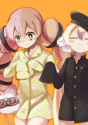  2girls 7753 animal_print black_hat blonde_hair braid brown_hair closed_eyes closed_mouth cloud_print commentary_request cosplay costume_switch goggles green_eyes hat heart heart_print highres kyukyutto_(denryoku_hatsuden) long_hair magical_girl mahou_shoujo_ikusei_keikaku mahou_shoujo_ikusei_keikaku_limited mahou_shoujo_ikusei_keikaku_unmarked multicolored_hair multiple_girls nemurin open_mouth orange_background pajamas pink_hair purple_hair rabbit_print smile twin_braids two-tone_hair yellow_pajamas 