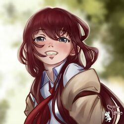  1girl absurdres blue_eyes blurry blurry_background brown_jacket collared_shirt highres jacket long_hair makise_kurisu mouse_with_ears necktie red_hair red_necktie science_adventure shirt smile solo steins;gate upper_body 