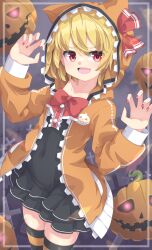 1girl :d alternate_costume black_dress black_thighhighs blonde_hair border bow bowtie claw_pose commentary_request cross dress fang halloween halloween_costume highres hood hoodie inset_border jack-o'-lantern looking_at_viewer multicolored_thighhighs open_clothes open_hoodie open_mouth orange_hoodie orange_thighhighs outside_border red_bow red_bowtie red_eyes red_nails rumia short_hair skin_fang smile solo striped_clothes striped_thighhighs thigh-highs touhou two-tone_thighhighs uumaru white_border 