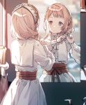  1girl blue_nails brown_eyes brown_hair dress hairband highres idolmaster idolmaster_shiny_colors light_brown_hair long_sleeves looking_at_mirror migolu mirror puffy_sleeves red_sash reflection sakuragi_mano sash solo swept_bangs tying_hair white_dress 