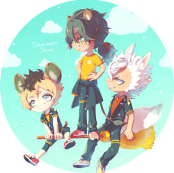  3boys animal_ears aqua_background black_jacket blonde_hair blue_eyes broom broom_riding clothes_around_waist commentary_request dark-skinned_male dark_skin deformed flying green_eyes green_hair hyena_boy hyena_ears hyena_tail jack_howl jacket jacket_around_waist ki_toji leona_kingscholar lion_boy lion_ears lion_tail male_focus multiple_boys night_raven_college_gym_uniform ponytail ruggie_bucchi sky tail twisted_wonderland white_hair wolf_boy wolf_ears wolf_tail yellow_eyes 