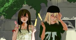  2girls bang_dream! bang_dream!_it's_mygo!!!!! black_hat black_shirt blonde_hair clenched_teeth closed_eyes dress electric_fan food frilled_dress frills hand_fan hand_on_own_hat handheld_electric_fan hat holding holding_fan holding_food holding_popsicle hot leaf long_hair medium_hair melting_popsicle misumi_uika multiple_girls open_mouth popsicle rainbow_hose shirt sleeveless sleeveless_dress sumimi_(bang_dream!) sumita_mana sweat sweatdrop t-shirt teeth white_dress 