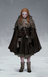  1girl bag belt belt_pouch black_bag black_coat black_shoes blue_eyes brown_belt cloak coat dongho_kang eyelashes full_body fur-trimmed_cloak fur-trimmed_shoes fur_trim grey_background highres holding holding_sack key lips long_hair long_sleeves nose orange_hair original outdoors paper parted_bangs parted_lips pouch sack scar scar_on_leg shadow shoes shoulder_bag simple_background sleeves_past_wrists solo standing third-party_source 