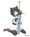  1girl 1other :o absurdres animal_ears artist_name black_gloves black_hair blue_eyes blush boots brown_footwear cat_ears cat_girl chest_armor child dress female_child fingerless_gloves fran_(tensei_shitara_ken_deshita) full_body gloves highres holding holding_sword holding_weapon huge_weapon living_weapon looking_at_viewer nisp_art on_ground parted_lips planted planted_sword shishou_(tensei_shitara_ken_deshita) short_hair short_sleeves simple_background sitting sword tensei_shitara_ken_deshita thigh-highs unsheathed wariza weapon white_background white_dress wrist_cuffs 