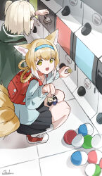  2girls :d absurdres animal_ears arknights backpack bag black_skirt blonde_hair blue_hairband braid braided_hair_rings cardigan character_charm charm_(object) coin commentary gashapon glint green_jacket grey_cardigan hair_rings hairband highres holding holding_coin hood hood_down hooded_jacket jacket kneehighs long_sleeves looking_at_viewer multiple_girls multiple_tails open_mouth pleated_skirt profile round_teeth scene_(arknights) short_hair signature skirt smile socks squatting suzuran's_father_(arknights) suzuran_(arknights) tail teeth tile_floor tiles upper_teeth_only vulpisfoglia_(arknights) white_hair white_socks yagi000 yellow_eyes yellow_tail 