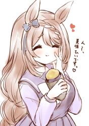  1girl animal_ears blush bow bowtie braid breasts brown_hair closed_eyes closed_mouth commentary_request ear_bow food hair_between_eyes hand_on_own_cheek hand_on_own_face heart highres holding holding_food horse_ears horse_girl long_hair multicolored_hair nanohana pleated_skirt purple_sailor_collar purple_serafuku purple_shirt purple_skirt roasted_sweet_potato sailor_collar sailor_shirt school_uniform serafuku shirt skirt smile solo streaked_hair super_creek_(umamusume) sweet_potato tracen_school_uniform umamusume very_long_hair white_bow white_bowtie white_hair 