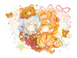 2girls :< :3 bear blue_eyes braid brown_sweater character_hair_ornament chinese_commentary commentary_request english_text food fruit green_eyes grey_hair hair_bun hair_intakes hair_ornament hairband hand_up hands_on_own_face hands_up heart highres korilakkuma lace looking_at_viewer medium_hair multiple_girls musical_note nancheng_ci object_on_head orange_hair red-framed_eyewear red_ribbon reverse:1999 ribbon rilakkuma rilakkuma_(series) san-x sleeves_past_wrists smile sonetto_(reverse:1999) sparkle spiral star_(symbol) strawberry stuffed_toy_on_head sweater v vertin_(reverse:1999) white_background yellow_hairband yellow_sweater 