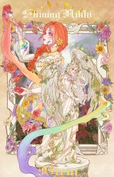  2girls absurdres angel_statue angel_wings braid bug capelet carving_by_sunlight_(shining_nikki) chinese_commentary closed_mouth collared_capelet colored_extremities colored_skin commentary_request copyright_name cowboy_shot cracked_skin dress dress_flower feathered_wings floral_print flower frilled_capelet frilled_sleeves frills full_body gown gradient_background greco-roman_clothes green_eyes grey_skin hair_flower hair_ornament hair_over_shoulder hand_on_own_chest happy high_collar highres holding holding_flower holding_paintbrush leaf leaf_on_head lipstick long_dress long_hair long_sleeves makeup medium_dress moth multicolored_skin multiple_braids multiple_girls nikki_(series) on_a_sunny_field_(shining_nikki) orange_hair paint_on_clothes paint_splatter paint_splatter_on_face paintbrush painting_(action) parted_lips pedestal picture_frame plant pleated_dress pointy_nose print_dress puffy_long_sleeves puffy_sleeves red_lips see-through_clothes see-through_sleeves shining_nikki single_braid smile sparkle statue strapless strapless_dress through_medium through_painting two-tone_skin vines violet_eyes white_dress white_hair wings yellow_background yellow_capelet yellow_flower yeziyu564 