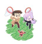  1boy 1girl anabel_(pokemon) animal_crossing antennae brown_hair butterfly_net buzzwole coat hand_net insect_wings looker_(pokemon) looking_at_another parody pokemon pokemon_(creature) pokemon_(game) pokemon_sm ponytail style_parody v-shaped_eyebrows vergolophus violet_eyes wings 