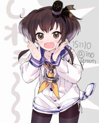  1girl anchor_symbol black_hair black_pantyhose blush brown_eyes commentary_request dated dress fangs gradient_hair grey_hair hat inogashi kantai_collection long_sleeves mini_hat multicolored_hair neckerchief one-hour_drawing_challenge open_mouth pantyhose sailor_collar sailor_dress short_hair_with_long_locks shouting shouting_with_hands simple_background solo thighband_pantyhose tokitsukaze_(kancolle) twitter_username white_dress yellow_neckerchief 