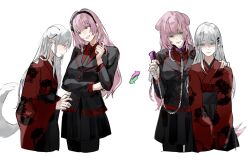  2girls absurdres animal_ears bang_dream! bang_dream!_our_notes black_jacket black_skirt collar dog_ears dog_girl dog_tail earrings feiyu30903448 grey_eyes hair_ornament hairclip highres holding holding_leash holding_own_leash izumi_houka jacket japanese_clothes jewelry kemonomimi_mode kimono leash long_hair long_sleeves multiple_girls multiple_hairclips open_mouth pink_hair purple_collar red_kimono shiomi_hotaru simple_background skirt tail twirling_hair white_background white_hair 