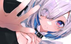  1girl alternate_costume amane_kanata asymmetrical_bangs belt_collar black_collar blue_hair bob_cut closed_mouth collar colored_inner_hair commentary dutch_angle embarrassed enmaided eyes_visible_through_hair film_grain grey_hair hair_over_one_eye highres hololive maid multicolored_hair reaching reaching_towards_viewer short_hair simple_background solo sui._(suikun) swept_bangs untranslatable_commentary violet_eyes virtual_youtuber white_background worried 