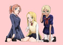  3girls absurdres awa_mikuri black_jacket black_shoes black_skirt black_socks blazer blonde_hair blue_eyes closed_mouth commentary_request dark-skinned_female dark_skin green_eyes highres jacket kamiina_botan_yoeru_sugata_wa_yuri_no_hana kitamori_yaeka kneehighs kneeling mayo_illust multiple_girls neck_ribbon neckerchief open_mouth orange_hair pantyhose pink_background pleated_skirt ponytail purple_shirt purple_skirt red_neckerchief red_ribbon ribbon school_uniform serafuku shirt shoes simple_background skirt socks sweatdrop sweater_vest white_pantyhose white_shirt white_socks yellow_sweater_vest yusa_akane 