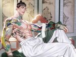  1boy abs arm_tattoo asian character_request expressionless indoors male_focus muscular muscular_male nanbong nipples painter_of_the_night_(manhwa) parted_lips pectorals sitting solo tattoo 