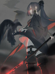  1girl bird black_boots black_cloak black_hair boots breasts cloak commentary_request crow from_behind highres holding hood hooded_cloak kisui_(28992125) long_hair original ponytail red_eyes red_nails solo 
